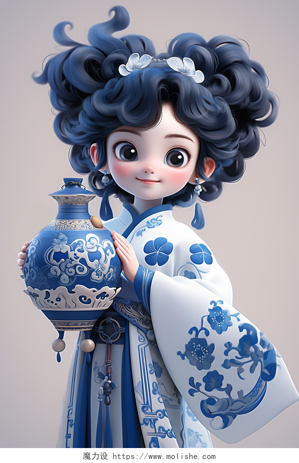 一个卷发蓝白汉服长裙的女孩3D插画AI青花瓷文物拟人